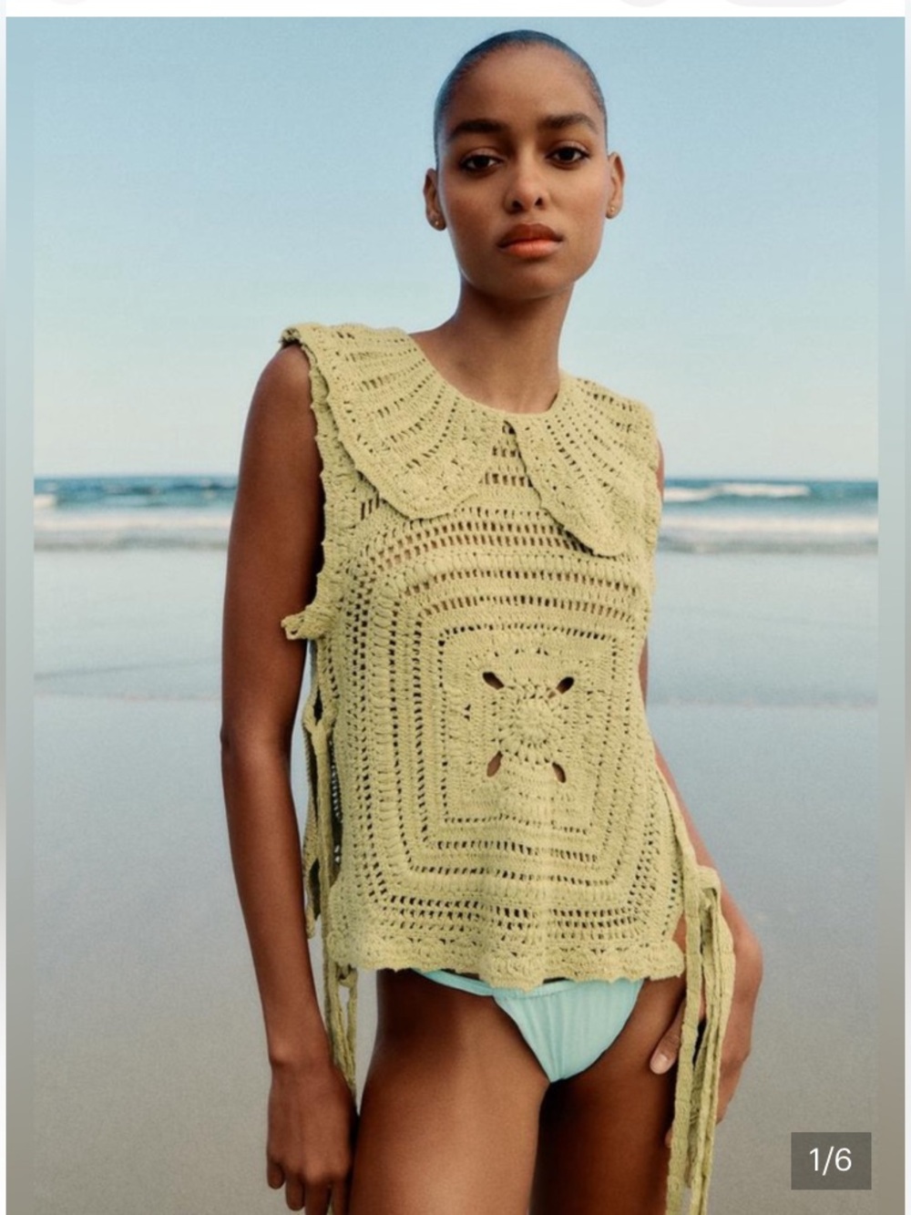 ZARA Crochet Top/Vest/Coverup in Celadon Green, Size M.